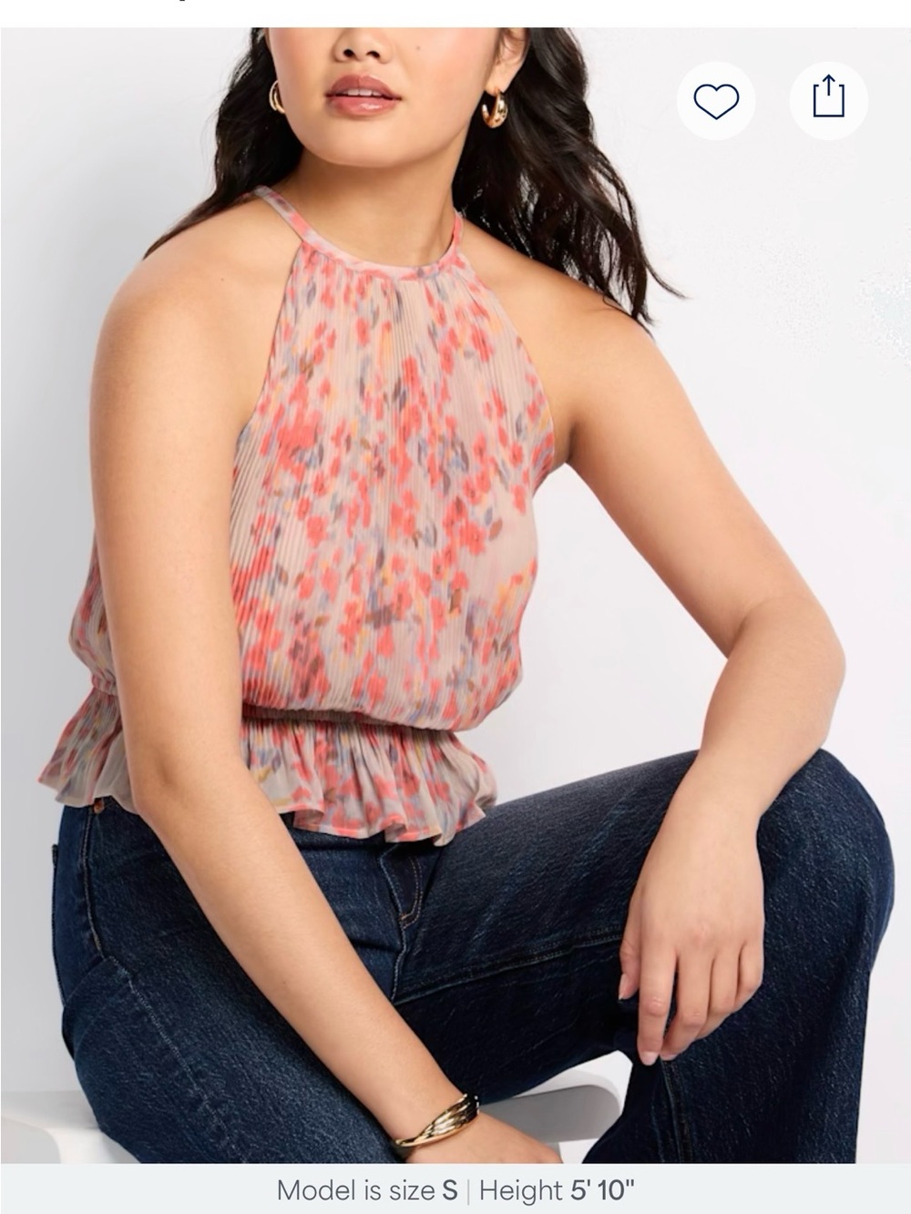 Women's Pink Floral Pleated Halter Tank Top
